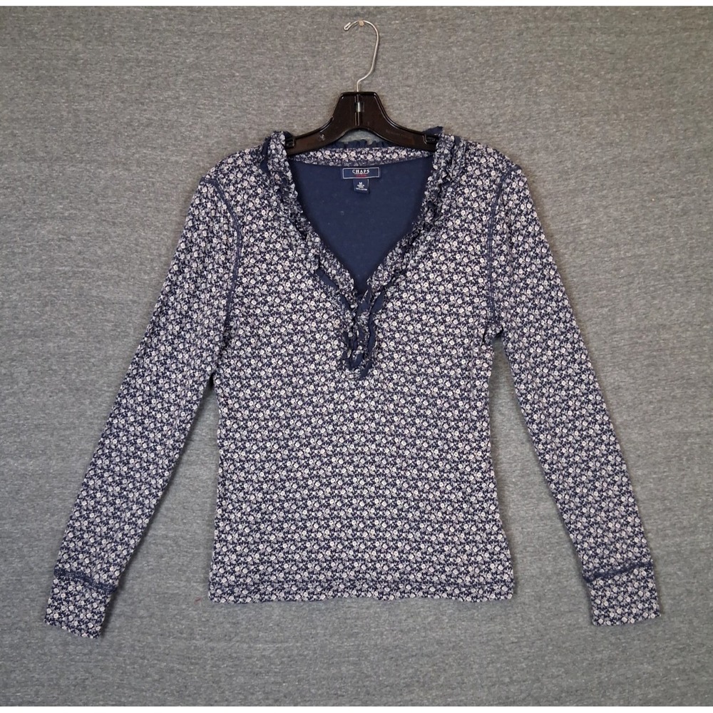 Chaps Womens Shirt M Blue Floral Cotton Ruffle Trim Cottage Prairie Capsule